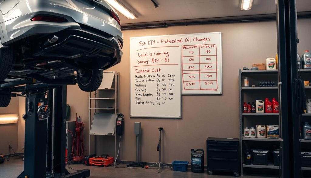 A clean, well-lit automotive workshop interior. In the foreground, a shiny silver 2018 Hyundai Sonata is raised on a hydraulic lift, its underbody visible. Mechanic's tools are neatly arranged nearby. In the middle ground, a whiteboard displays a detailed cost breakdown, comparing the expenses of DIY and professional oil changes. The background features shelves stocked with oil cans, filters, and other automotive supplies. Subtle warm lighting casts a subtle glow, creating an atmosphere of expertise and precision.