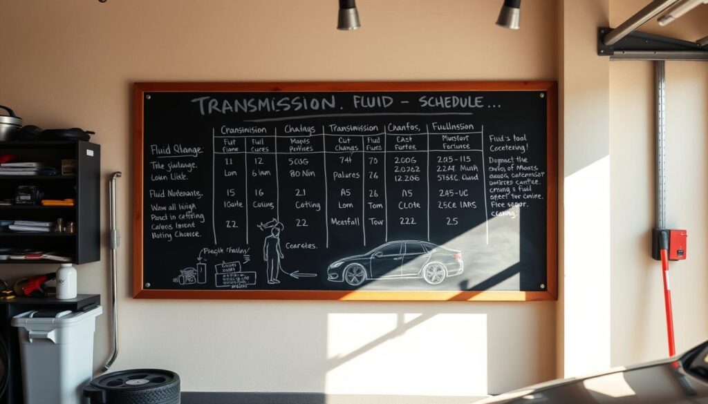 A clean, well-organized garage workshop with a Chevy Malibu transmission fluid maintenance schedule displayed on a wall-mounted chalkboard. The chalkboard shows a detailed timeline of when to perform fluid changes, with clear instructions and diagrams. The background has a warm, natural lighting, casting shadows that add depth and dimension. The camera angle is slightly elevated, giving a comprehensive view of the workspace. The overall mood is one of informative practicality, guiding the viewer through the essential maintenance needs of a Chevy Malibu transmission.
