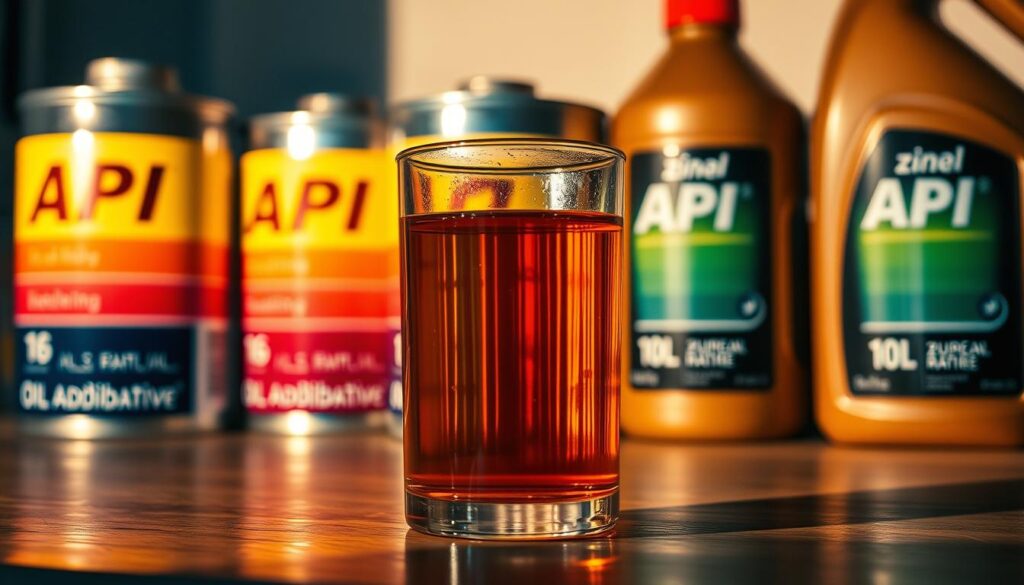 A close-up view of a colorful oil sample in a glass container, with a focus on the oil's amber hue and viscosity. In the background, a series of oil cans and bottles displaying various API (American Petroleum Institute) ratings, showcasing the range of zinc additive levels. The scene is illuminated by warm, directional lighting, casting subtle shadows and highlights on the surfaces, creating a sense of depth and realism. The overall composition emphasizes the connection between API oil ratings and the critical role of zinc additives in engine oil formulations.
