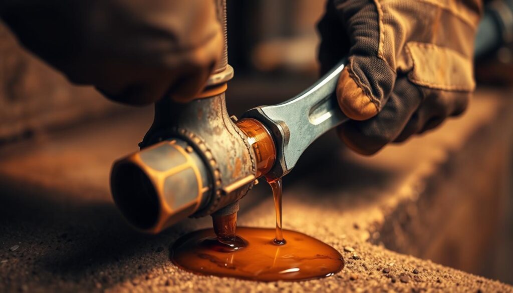 A close-up view of a fuel oil pipe connection, showing a worker's gloved hands tightening a pipe fitting with a wrench. The pipe has a minor leak, with a small puddle of oil forming on the ground. The worker is focused on the task, with a look of concentration on their face. The scene is well-lit, with warm, directional lighting illuminating the details of the pipe and fittings. The background is slightly blurred, allowing the viewer to focus on the repair work. The overall mood is one of a practical, hands-on approach to troubleshooting and fixing a common problem in fuel oil applications.