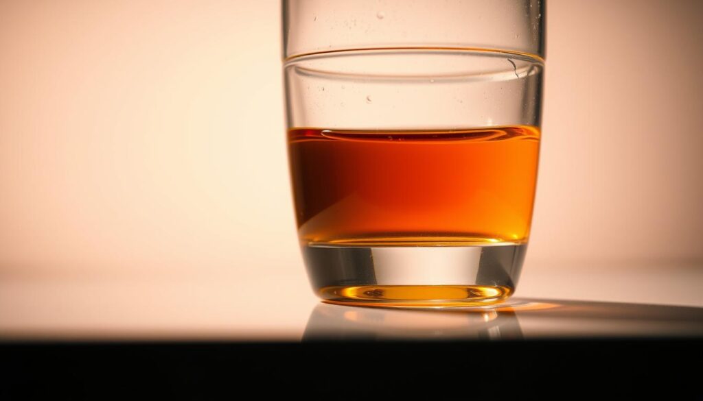 A close-up view of a thick, amber-colored engine oil in a glass container, illuminated by soft, warm lighting. The oil appears viscous and smooth, with a slight sheen on the surface. The container is placed on a clean, reflective surface, creating a sense of depth and dimension. The background is subtly blurred, allowing the oil to be the focal point. The lighting accentuates the oil's color and texture, conveying a sense of quality and performance.
