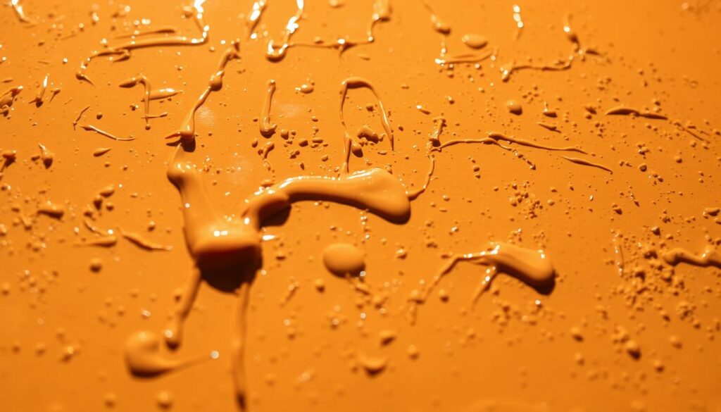 A close-up view of an enamel painted surface, capturing the common curing mistakes. Uneven brush strokes, visible drips, and an inconsistent sheen create an imperfect finish. The paint appears partially cured, with some areas still tacky and others already hardened. Warm, direct lighting casts shadows that accentuate the surface irregularities. A shallow depth of field blurs the background, keeping the focus on the flawed enamel paint texture in the foreground. A close-up view of an enamel painted surface, capturing the common curing mistakes. Uneven brush strokes, visible drips, and an inconsistent sheen create an imperfect finish. The paint appears partially cured, with some areas still tacky and others already hardened. Warm, direct lighting casts shadows that accentuate the surface irregularities. A shallow depth of field blurs the background, keeping the focus on the flawed enamel paint texture in the foreground.