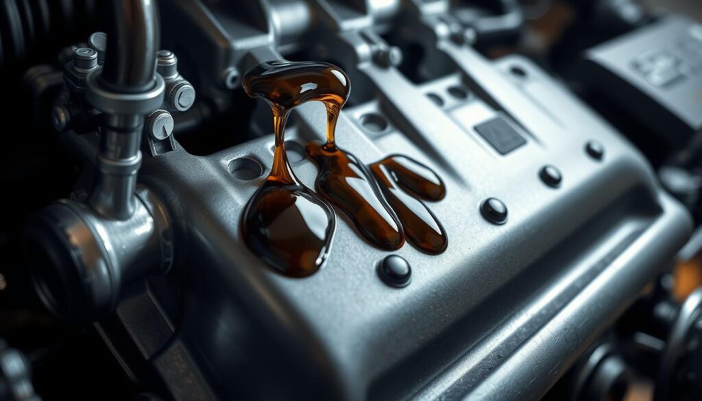 A close-up view of the 5.4L Triton engine, its metallic components glistening under bright studio lighting. Droplets of thick, dark-colored oil accumulate on the engine block, suggesting a potential leak or issue with the oil system. The scene conveys a sense of technical scrutiny, with the engine's intricate details and textures visible, hinting at the complex inner workings of this powerful Ford V8 powerplant. The overall mood is one of investigation and concern, drawing the viewer's attention to the potential oil-related problems that may plague this particular engine model.