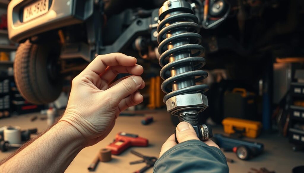 A detailed automotive repair workshop with a raised vehicle, scattered tools, and a prominently displayed strut assembly. In the foreground, a mechanic carefully examines a stubborn, seized strut bolt, showcasing common mistakes like overtightening, incorrect tool usage, and improper bolt removal techniques. The lighting is warm and focused, creating a sense of tension and problem-solving. The scene captures the frustration and challenges associated with removing stuck strut bolts, emphasizing the importance of proper procedures to avoid damage and ensure a successful repair.