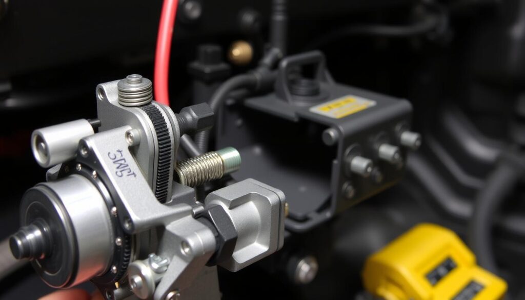 A detailed close-up of a blend door actuator reassembly process, showcasing the various components in a well-lit, technical setting. The foreground features the actuator mechanism, with its gears, springs, and connectors meticulously arranged. The middle ground highlights the actuator housing, providing a clear view of the internal structure and the step-by-step reassembly procedure. The background is slightly blurred, creating a sense of focus on the technical details. The lighting is bright and directional, emphasizing the textures and intricate details of the parts. The overall mood is one of precision, clarity, and a step-by-step approach to the reassembly task, reflecting the instructions in the "How To Calibrate Blend Door Actuator" article.