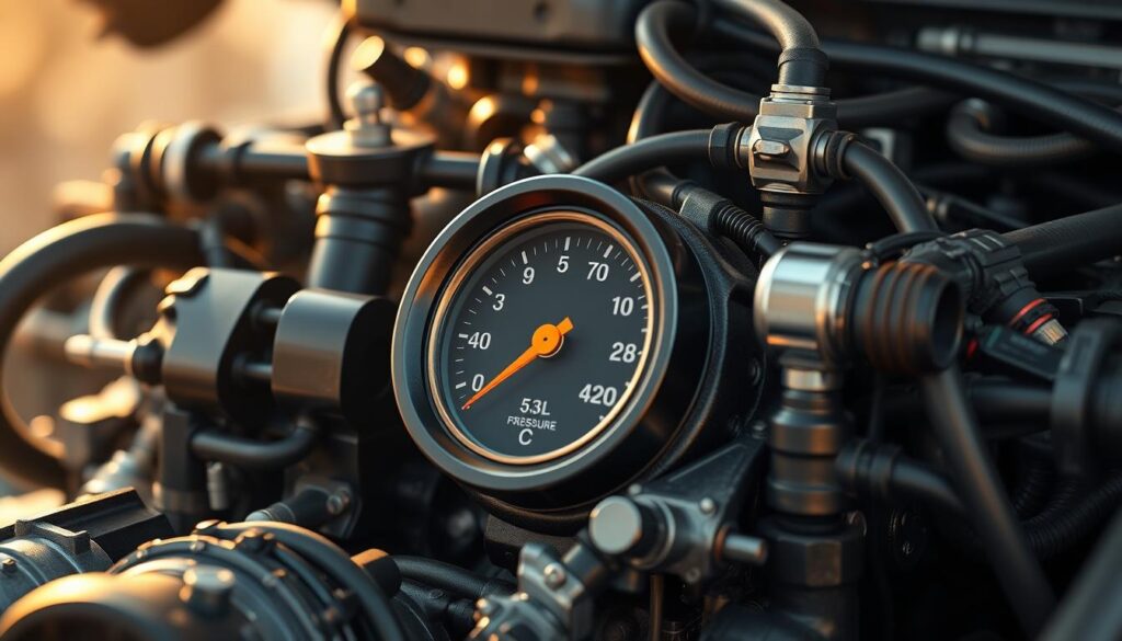 A detailed close-up view of a modern 5.3L V8 engine block, showcasing the oil pressure gauge and related components. The engine is presented in a warm, well-lit setting with a soft, hazy background, emphasizing the technical intricacies. The oil pressure gauge is the focal point, its needle indicating potential concerns or issues. Surrounding the gauge are various engine parts, pipes, and fittings, all rendered in high resolution to convey the complex nature of the 5.3L engine system. The overall mood is one of thoughtful examination, inviting the viewer to explore the nuances of this common automotive powerplant.