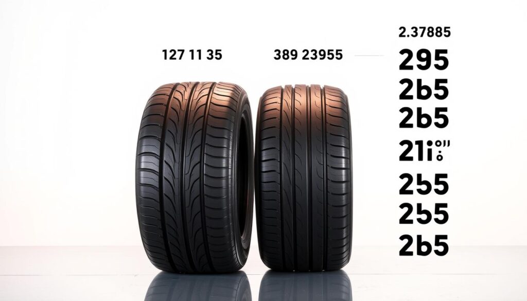 A detailed comparison of two prominent tire sizes, showcasing their distinct dimensions in a professional, well-lit studio setting. The foreground features a pair of tires, one 215 and the other 235, positioned side by side on a reflective surface. The middle ground captures the subtle differences in their tread patterns, sidewall profiles, and overall diameters, allowing for a clear visual analysis. The background provides a clean, neutral backdrop, emphasizing the technical focus of the image. Crisp lighting from multiple angles accentuates the tires' textures, colors, and proportions, enabling a comprehensive assessment of their relative size and performance characteristics.