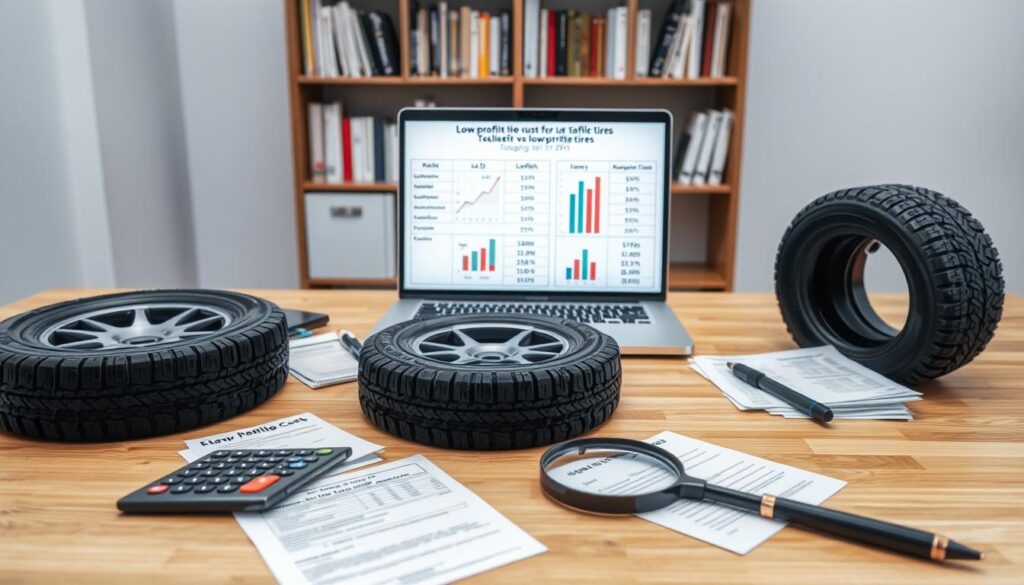 A detailed cost analysis of low-profile tires on a clean, well-lit wooden desktop. In the foreground, a pair of low-profile tires sit alongside a calculator, a magnifying glass, and various financial documents. The middle ground features a laptop displaying charts and graphs comparing the lifespan and replacement costs of standard and low-profile tires. In the background, a neatly organized bookshelf provides a sense of professionalism and attention to detail. The lighting is soft and even, accentuating the textures of the materials. The overall atmosphere conveys a thoughtful, analytical approach to evaluating the true cost-benefit of low-profile tires.