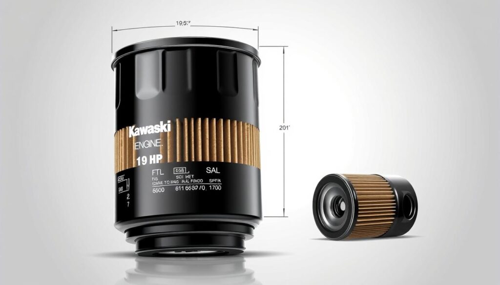 A detailed, technical illustration of an oil filter for a 19 HP Kawasaki engine. The filter is rendered in high-resolution, with a clean, minimalist aesthetic. The image showcases the filter's dimensions, threading specifications, and key design features from multiple angles, captured under bright, directional lighting that accentuates the textural details. The background is a simple, neutral gray, allowing the oil filter to be the sole focus of the composition. The overall mood is one of precision, functionality, and engineering excellence, reflecting the high-quality standards of the Kawasaki engine. A detailed, technical illustration of an oil filter for a 19 HP Kawasaki engine. The filter is rendered in high-resolution, with a clean, minimalist aesthetic. The image showcases the filter's dimensions, threading specifications, and key design features from multiple angles, captured under bright, directional lighting that accentuates the textural details. The background is a simple, neutral gray, allowing the oil filter to be the sole focus of the composition. The overall mood is one of precision, functionality, and engineering excellence, reflecting the high-quality standards of the Kawasaki engine.