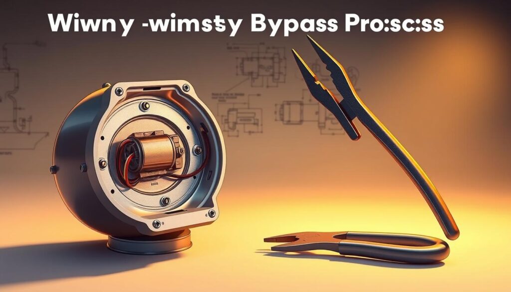A detailed technical illustration of the winch bypass process. The foreground shows an open winch housing with the solenoid and bypass wiring exposed. The middle ground depicts a set of pliers and wire cutters, highlighting the manual intervention required. The background is a clean, neutral environment with subtle technical schematics or diagrams in the backdrop, providing context. Warm studio lighting casts gentle shadows, emphasizing the mechanical components. The overall mood is one of instructional clarity, with a focus on the step-by-step process of bypassing the winch solenoid.