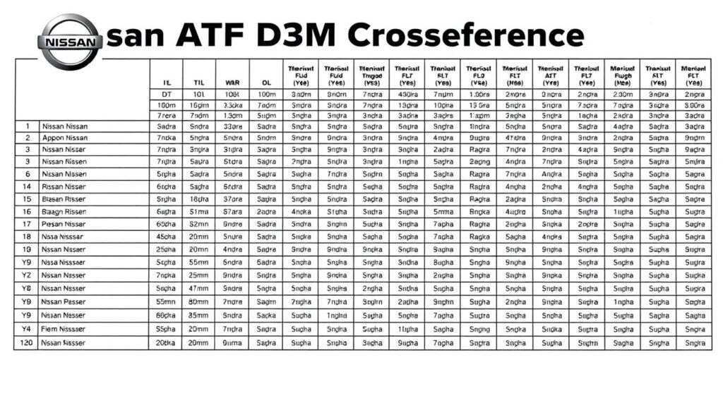 A detailed, technical manual-style illustration of a Nissan ATF D3M fluid cross-reference guide. The guide features a grid-like layout with various Nissan and aftermarket fluid types neatly organized and cross-referenced. The background is a clean, neutral off-white, allowing the guide's information to take center stage. The overall aesthetic is professional, informative, and easy to navigate, catering to mechanics and automotive enthusiasts seeking Nissan ATF D3M fluid equivalents. A detailed, technical manual-style illustration of a Nissan ATF D3M fluid cross-reference guide. The guide features a grid-like layout with various Nissan and aftermarket fluid types neatly organized and cross-referenced. The background is a clean, neutral off-white, allowing the guide's information to take center stage. The overall aesthetic is professional, informative, and easy to navigate, catering to mechanics and automotive enthusiasts seeking Nissan ATF D3M fluid equivalents.
