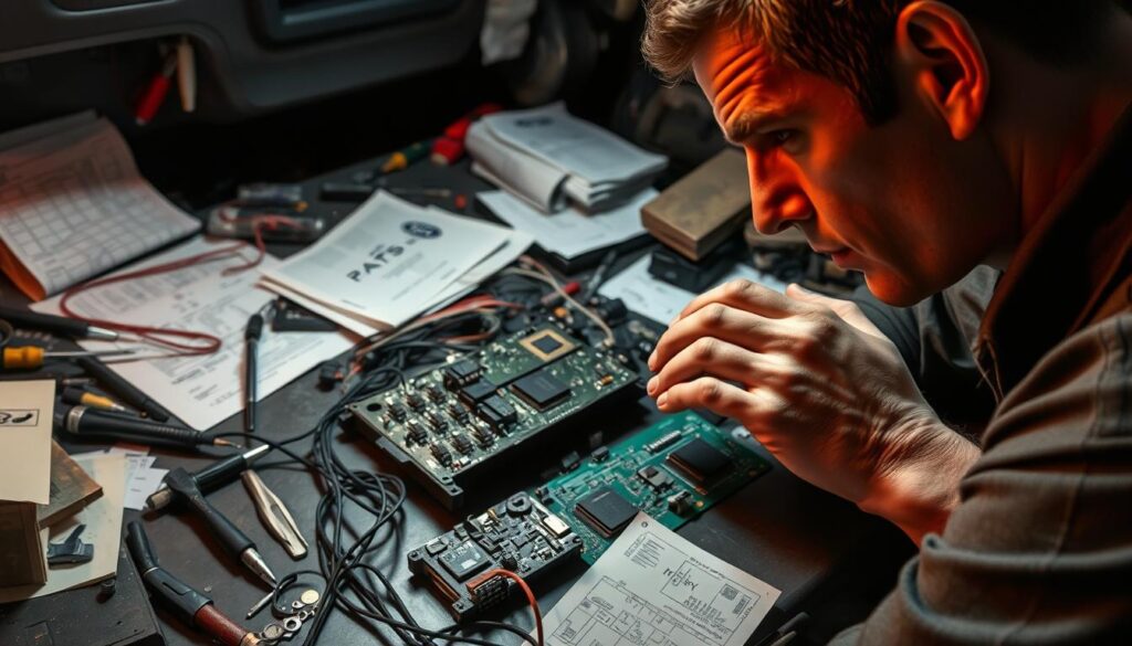 A dimly lit auto repair workshop, with a Ford vehicle's PATS system components laid out on a cluttered workbench. In the foreground, a technician's hands carefully examining a circuit board, brow furrowed in concentration. Scattered tools, wiring diagrams, and reference materials surround the subject, creating a sense of technical problem-solving. Warm, focused lighting illuminates the scene, casting dramatic shadows and highlighting the intricate details of the PATS system components. The overall atmosphere conveys the challenge and complexity of bypassing the Ford PATS system without a key.