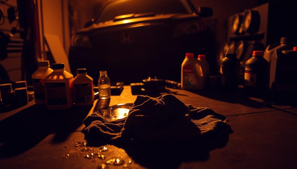 A dimly lit garage, the shadows cast by a Honda Passport in the foreground. On the workbench, a collection of oil bottles, tools, and a rag-covered puddle, hinting at the common oil-related issues that can plague this SUV. The lighting is warm and amber, creating a sense of urgency and concern. In the background, a faint reflection of the vehicle's engine block can be seen, a reminder of the internal workings at the heart of these problems. The composition draws the viewer's eye to the center of the scene, where the oil-stained rag lies, the focal point of this technical and mechanical drama.