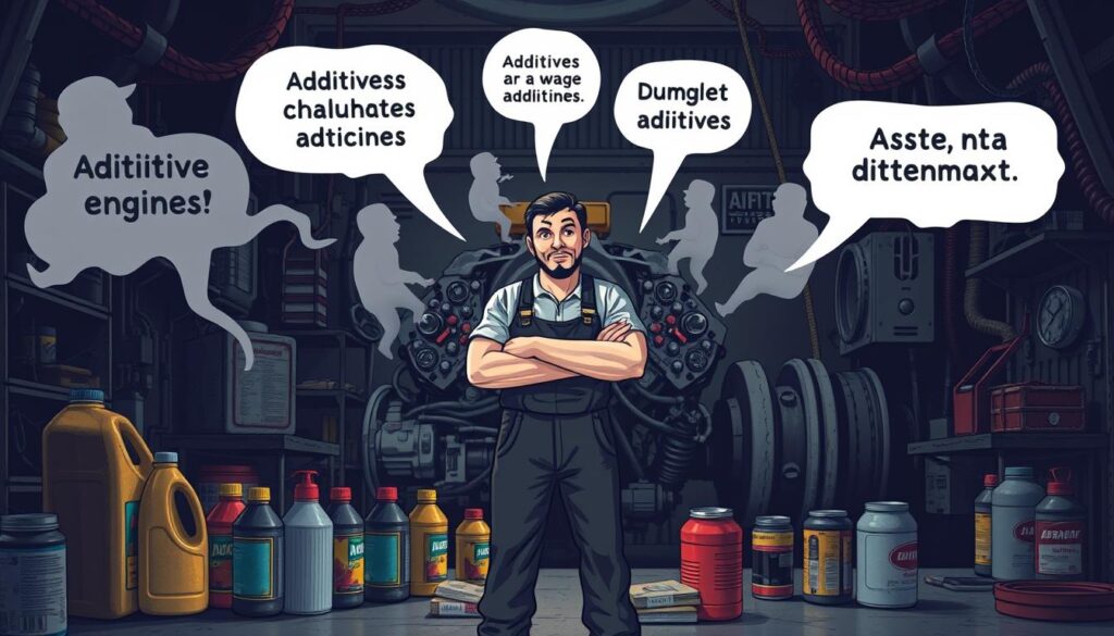 A dimly lit, industrial-themed illustration depicting common myths surrounding diesel additives for Duramax engines. In the foreground, a mechanic in overalls stands perplexed, surrounded by a collection of diesel fuel bottles and cans. In the middle ground, ghostly silhouettes of various misconceptions about additives, such as "Additives damage engines" and "Additives are a waste of money", hover ominously. The background showcases the rugged, well-worn interior of a Duramax-powered truck engine bay, highlighting the hardy nature of these powerful diesel powerplants. The scene conveys a sense of confusion and skepticism about the true benefits of diesel additives, inviting the viewer to explore the topic further.