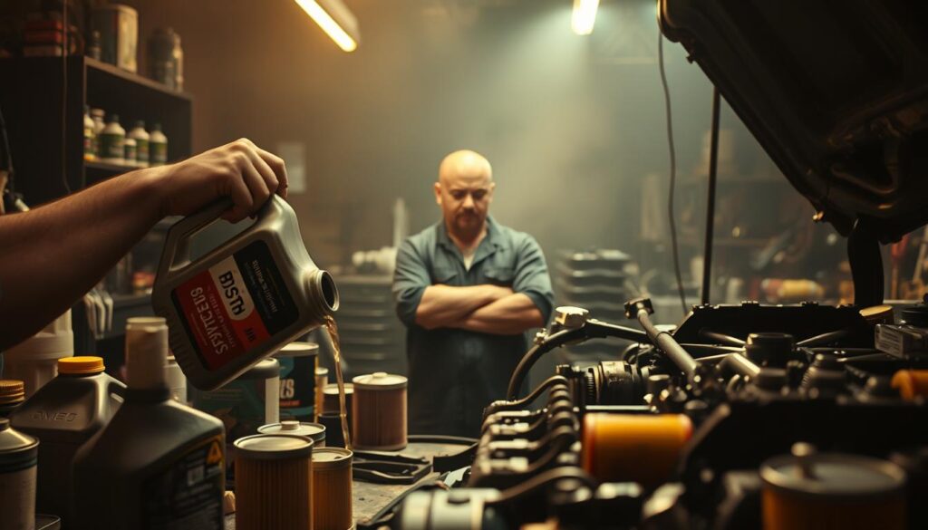 A dimly lit workshop, oil cans and filters scattered on a cluttered workbench. In the foreground, a pair of hands carefully pouring a synthetic blend oil into a vehicle. In the middle ground, a technician with a pensive expression, surrounded by tools and parts. The background is hazy, suggesting a lack of understanding about the true nature of synthetic blend oils. Warm, amber lighting casts shadows, creating an atmosphere of doubt and misconception. The scene conveys the complexity and subtlety of synthetic blend oil performance, challenging common assumptions.