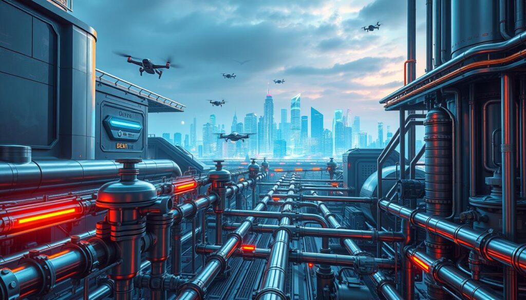 A futuristic, technologically-advanced landscape with sleek, metallic buildings and structures in shades of silver, blue, and neon accents. In the foreground, a complex network of pipes, valves, and mechanical components, suggesting advanced fluid transmission systems. The middle ground features hovering vehicles and drones, hinting at a highly automated, efficient transportation network. The background showcases a vibrant, city-like skyline with glowing skyscrapers and a luminous, almost holographic quality to the atmosphere, conveying a sense of progress and innovation. Lighting is a mix of cool, directional beams and warm, ambient glow, creating depth and drama. The overall impression is one of a technologically-advanced, futuristic world where Dexron II and its equivalents play a crucial role in powering the future.