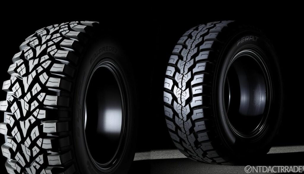 A high-performance off-road tire and a smooth-riding on-road tire are showcased side-by-side, illuminated by dramatic lighting that casts long shadows. The off-road tire features thick, aggressive treads designed for maximum traction in rugged terrain, while the on-road tire has a more streamlined profile optimized for efficient highway driving. The contrast between the two tires illustrates the tradeoffs between off-road capability and on-road performance, crucial factors to consider when choosing the right tire size and type for your vehicle and driving needs.