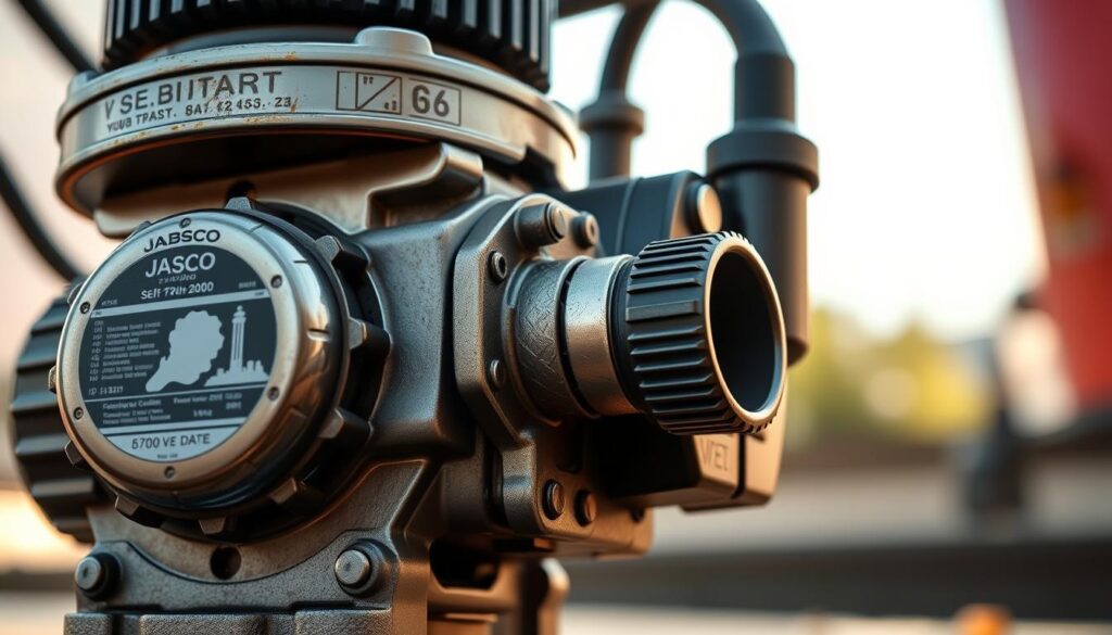 A highly detailed, photorealistic image of the Jabsco 17800-2000 self-priming fuel transfer pump. The pump is captured from a low angle, showcasing its rugged, industrial design. The foreground features the pump's body in a brushed metal finish, with intricate mechanical details and labels. The middle ground includes the pump's inlet and outlet ports, as well as the power switch and control knob. The background subtly blurs, creating a sense of depth and focus on the pump's core components. The lighting is natural, with warm tones highlighting the pump's functional aesthetics. The overall mood is one of reliable, high-performance engineering, suitable for a review of the best battery-operated fuel transfer pumps.