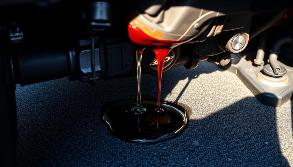 A leaking Jeep Grand Cherokee transmission, captured in sharp detail. The vehicle's undercarriage is visible, with a puddle of glistening fluid dripping from the transmission housing. The light casts long shadows, highlighting the intricate mechanical components. The scene conveys a sense of concern and the need for maintenance, reflecting the common issues faced by Jeep Grand Cherokee owners. The transmission fluid capacity for this model is approximately 12 quarts, making the leak all the more noticeable. A troubling yet informative glimpse into the challenges of Jeep Grand Cherokee ownership.