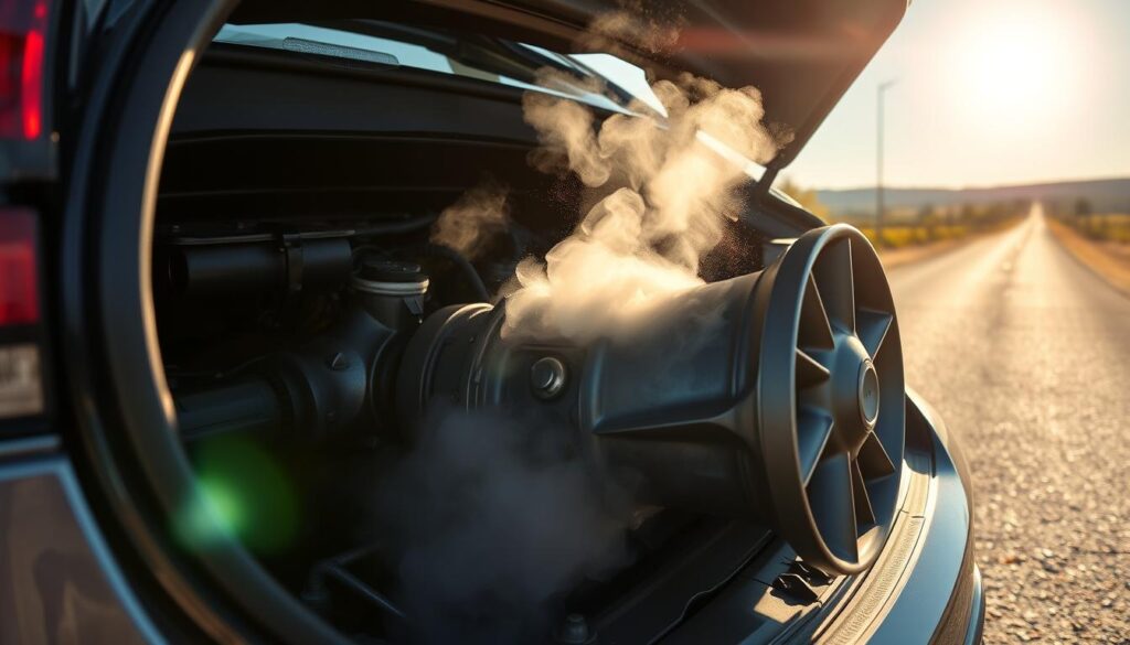 A malfunctioning Dodge Journey transmission, its fluid overheating and bubbling, steam rising in the engine bay under the warm glow of an afternoon sun. The car is parked on a deserted country road, surrounded by lush greenery and a clear blue sky. The transmission housing appears distressed, its metal surface glistening with heat. The engine fan spins rapidly, desperately trying to dissipate the excess warmth. The scene conveys a sense of concern and the need for immediate attention to rectify this common issue affecting Dodge Journey models.