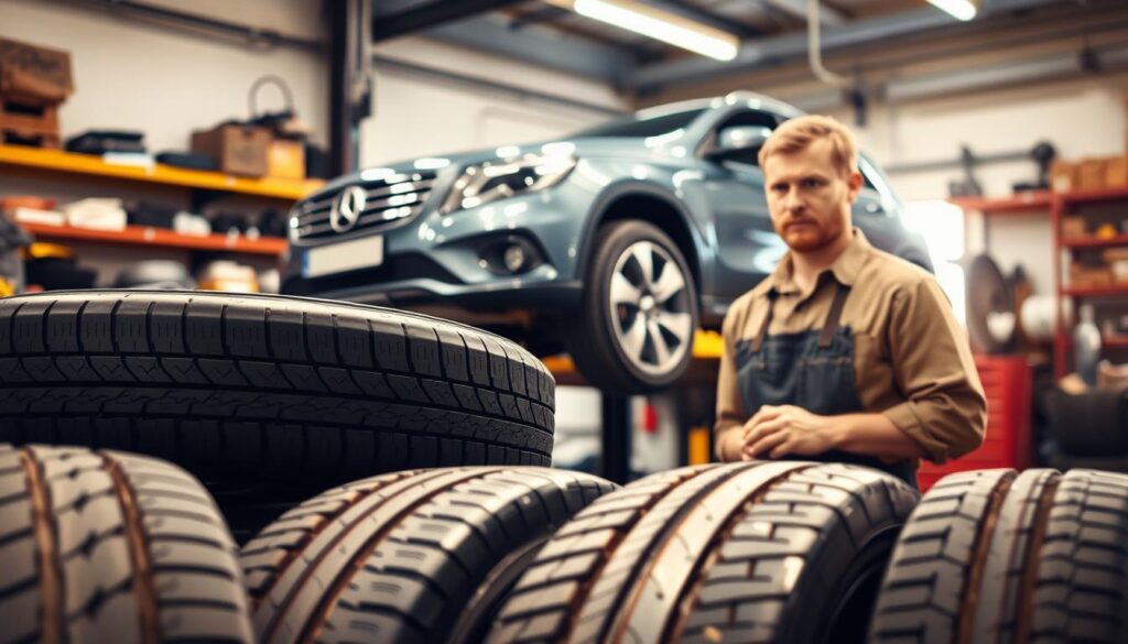 A mechanic's workshop with an assortment of tires in the foreground, showcasing the size difference between 215 and 225 tires. In the middle ground, a car on a lift, its mismatched tires of varying sizes clearly visible. A concerned expression on the mechanic's face as they examine the car, highlighting the risks of mixing tire sizes. The background has shelves of tools and equipment, creating a sense of a professional setting. The lighting is warm and focused, drawing attention to the central scene. The overall mood conveys the importance of proper tire selection and the potential consequences of mixing sizes.