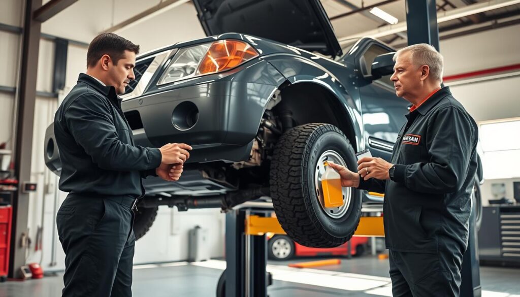 A professional automotive garage interior, featuring a Nissan Frontier pickup truck on a lift. The truck's transmission is exposed, and two mechanics are standing next to it, comparing the appearance and viscosity of fresh and used transmission fluid samples. Bright, natural lighting streams in through the garage windows, creating a warm, well-lit atmosphere. The scene conveys a sense of expertise and attention to detail as the mechanics assess the condition of the Frontier's transmission components.