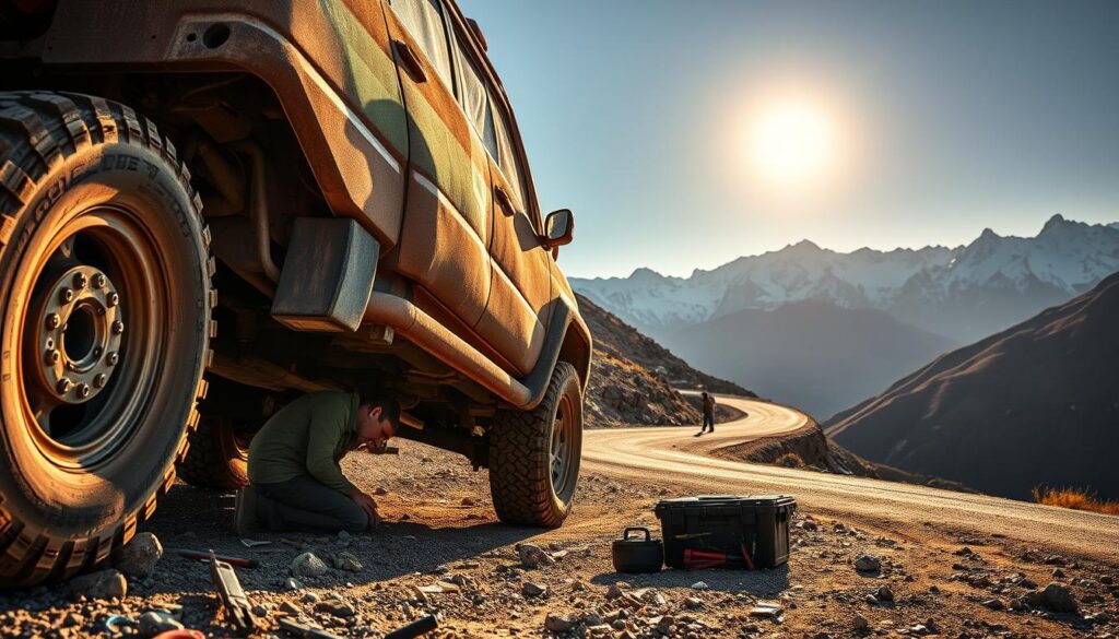 A rugged SUV navigates a winding mountain road, its tires gripping the rocky terrain. In the foreground, a mechanic inspects the undercarriage, checking for any signs of wear or damage. The vehicle's exterior is coated in a layer of dust, indicating it has been traversing challenging off-road conditions. Nearby, a toolbox and assorted maintenance equipment are neatly arranged, ready for any necessary repairs. The sun casts a warm, golden glow, illuminating the serene mountain landscape in the background, where snow-capped peaks rise majestically. This scene captures the essence of diligent SUV maintenance for optimum performance on demanding mountain roads.