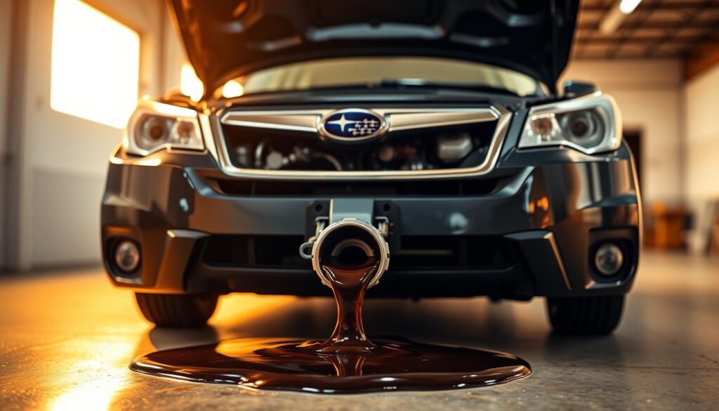 A sleek 2014 Subaru Forester in a well-lit garage, the engine compartment prominently displayed. Warm, golden lighting casts a soft glow, highlighting the intricate engine components. In the foreground, a pool of engine oil spills from the oil filter, its viscous texture and dark color contrasting with the clean, metallic surfaces. The oil's impact is evident as it seeps into the engine's delicate mechanisms, potentially affecting performance. The background features a subtle blur, drawing the viewer's focus to the central narrative - the complex relationship between engine oil and Forester's power and efficiency.