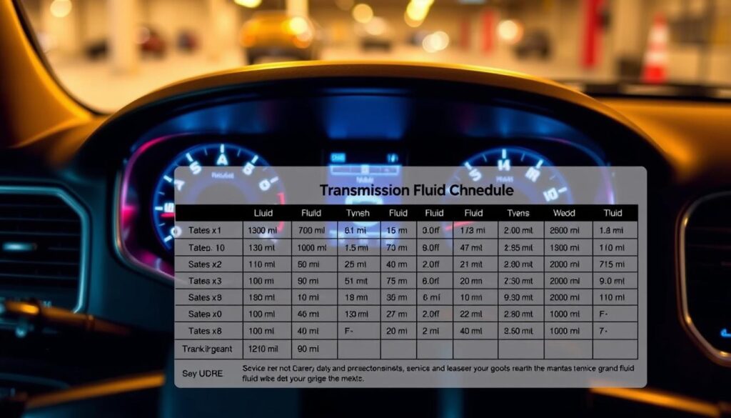 A sleek Dodge Grand Caravan dashboard, its modern gauges and center console in focus, illuminated by warm, diffused lighting. In the foreground, a detailed maintenance schedule for the transmission fluid, laid out in a clear, informative manner. The schedule includes specific intervals, fluid types, and service recommendations, all presented in a professional, easy-to-understand layout. The background blurs gently, conveying a sense of automotive expertise and attention to detail. The overall scene suggests a well-maintained, reliable Dodge Grand Caravan, ready to provide years of dependable service.
