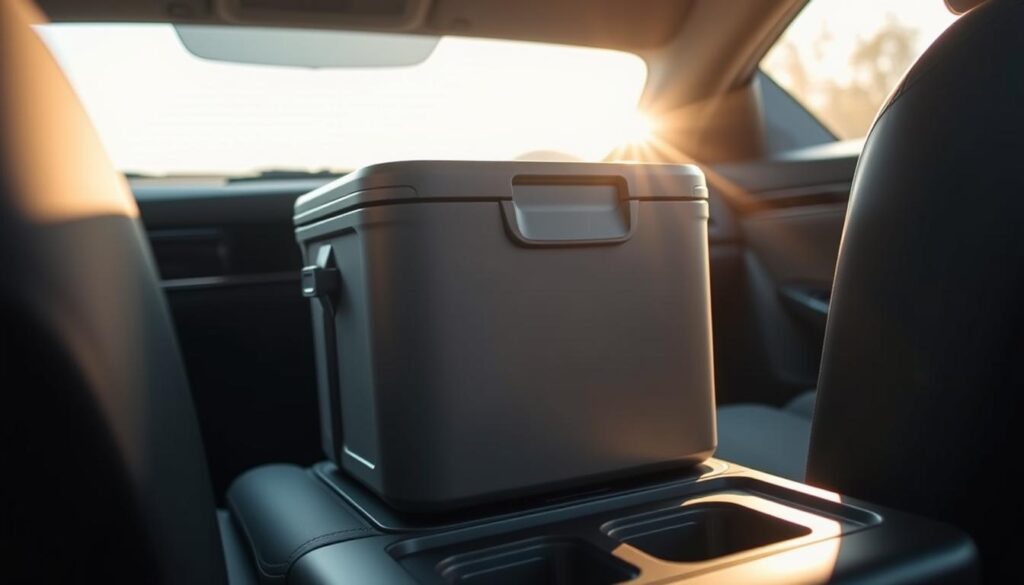 A sleek, compact car cooler nestled securely in the vehicle's center console, its minimalist design in muted tones seamlessly blending with the interior. Soft, diffused light from the sun filtering through the windows creates a warm, cozy atmosphere, perfectly suited for a long road trip. The cooler's intuitive controls and ample storage space for snacks and drinks are visible, showcasing its practical features for limited car interiors. A sense of tranquility and efficiency permeates the scene, reflecting the ideal companion for the "Best Compact Car Coolers for Limited Space" section of the article.
