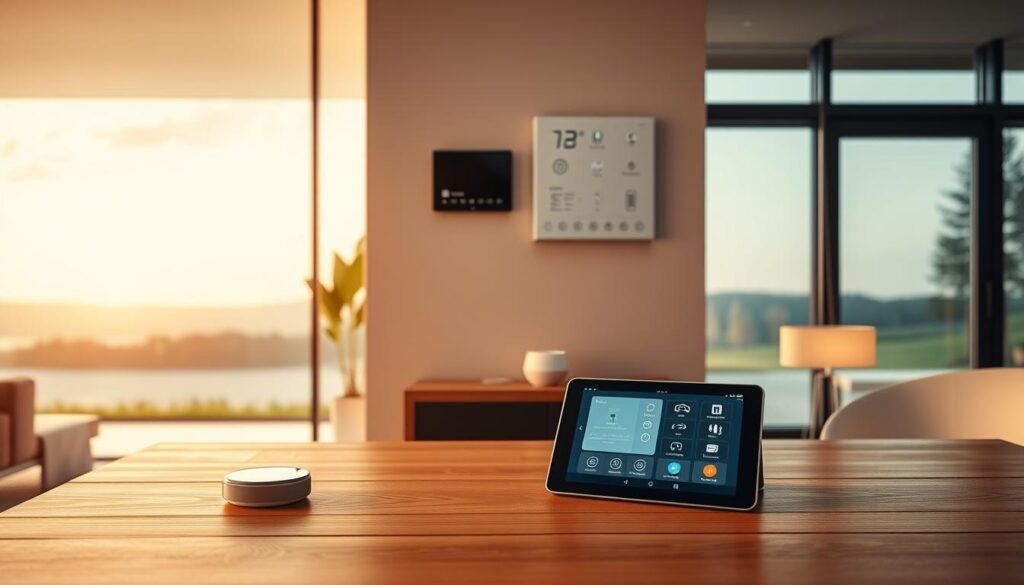 A sleek, modern home interior with a prominent smart home control panel on the wall. The panel displays various icons and controls for managing lighting, temperature, security, and connected devices. In the foreground, a tablet or smartphone is placed on a minimalist wooden table, displaying an interface for remotely accessing the home's smart systems. Warm, diffused lighting illuminates the scene, creating a cozy and technologically-advanced atmosphere. The middle ground features seamlessly integrated smart home appliances, such as a thermostat, light switches, and voice-activated assistants. The background showcases large windows overlooking a serene, natural landscape, blending the technological and the organic.