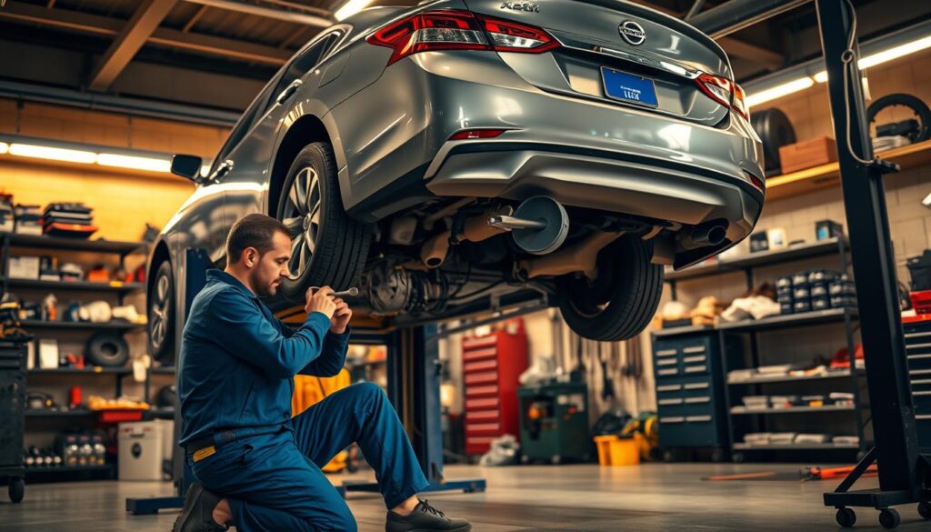 A well-lit automotive workshop, with a Nissan Altima sedan prominently displayed on a lift. The vehicle's underbody is exposed, revealing the transmission. A mechanic, wearing a blue coverall, is kneeling beside the car, holding a wrench and inspecting the transmission fluid level. The scene conveys a sense of careful attention to detail and professional expertise. The background is filled with various tools, equipment, and shelves stocked with automotive parts, creating an immersive, realistic setting. Warm, directional lighting illuminates the scene, casting subtle shadows and highlights to emphasize the textures and surfaces of the components. The overall atmosphere evokes a sense of precision, efficiency, and the importance of proper Nissan Altima transmission fluid maintenance.