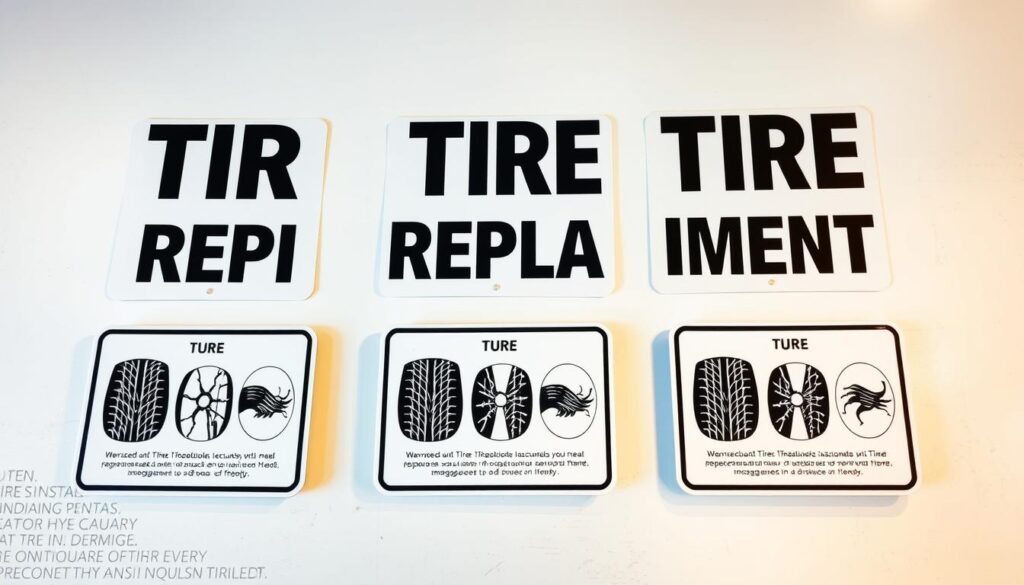 A well-lit, detailed image of tire replacement signs against a clean, uncluttered background. The signs should be prominently displayed, showcasing various tire conditions indicating the need for replacement, such as worn tread, bulges, or puncture damage. The signs should have a minimalist, informative design, conveying a sense of professionalism and authority. The lighting should be soft and evenly distributed, creating a warm, inviting atmosphere that draws the viewer's attention to the signs. The camera angle should be slightly elevated, providing a clear, unobstructed view of the signs. The overall composition should be balanced and visually appealing, effectively highlighting the importance of timely tire replacement.