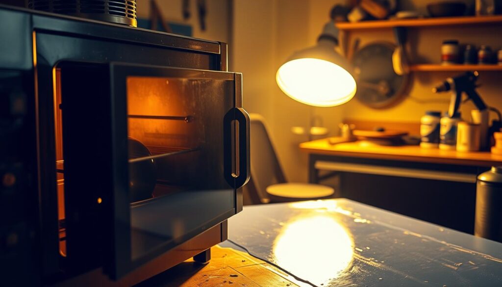 A well-lit, detailed scene depicting various heat methods for curing enamel paint. In the foreground, a convection oven with an enamel-painted object inside, the door slightly ajar to reveal the object. In the middle ground, a heat lamp positioned over an enamel-painted surface, the warmth causing the paint to gently shimmer. In the background, a workbench with a heat gun and a selection of enamel paint cans, suggesting the different ways to apply heat to cure the paint. The scene is bathed in a warm, golden light, conveying the sense of the heat and the curing process. The overall atmosphere is one of a well-equipped, professional paint curing setup. A well-lit, detailed scene depicting various heat methods for curing enamel paint. In the foreground, a convection oven with an enamel-painted object inside, the door slightly ajar to reveal the object. In the middle ground, a heat lamp positioned over an enamel-painted surface, the warmth causing the paint to gently shimmer. In the background, a workbench with a heat gun and a selection of enamel paint cans, suggesting the different ways to apply heat to cure the paint. The scene is bathed in a warm, golden light, conveying the sense of the heat and the curing process. The overall atmosphere is one of a well-equipped, professional paint curing setup.