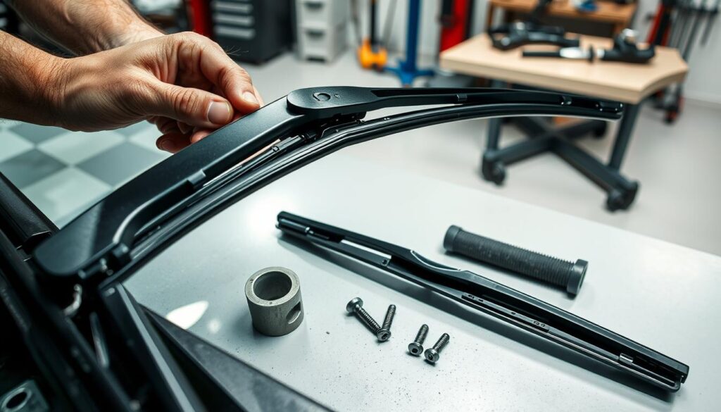 A well-lit, high-angle close-up view of a series of steps for repairing a stripped windshield wiper arm. The foreground shows a mechanic's hands carefully disassembling the wiper arm, exposing the stripped components. The middle ground displays the individual parts laid out in an organized manner, including the replacement bushing and screws. The background features a clean, neutral workshop setting with tools and equipment visible, conveying a sense of professionalism and attention to detail. The overall mood is instructive and informative, highlighting the step-by-step process of this repair task.