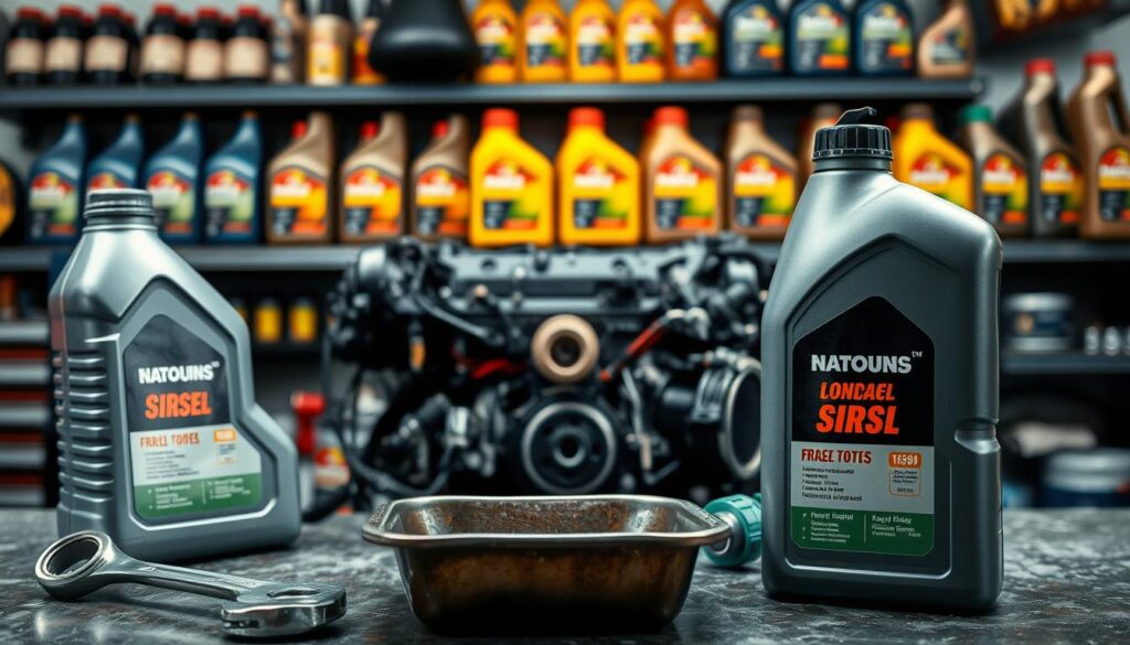 A well-lit, high-quality photograph of a mechanic's workbench showcasing the process of changing diesel engine oil. In the foreground, a set of tools including a wrench, drain pan, and fresh oil bottle are neatly arranged. In the middle ground, the diesel engine block is visible, with the oil filter and drain plug exposed. The background features a wall of shelves stocked with various 5W30 diesel engine oil bottles, highlighting the "Best 5W30 Oil Options for Diesel Engines". The scene conveys a sense of expertise, attention to detail, and the importance of proper maintenance intervals for diesel engines.