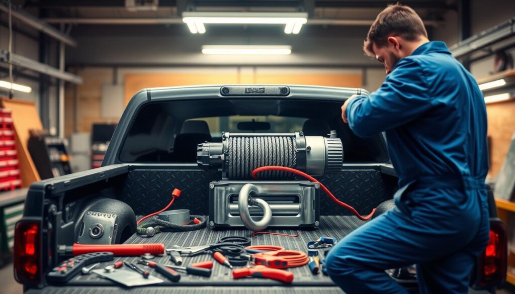 A well-lit workshop scene, showcasing a truck bed with a winch mounted in the center. In the foreground, a mechanic in a blue jumpsuit examines the winch, troubleshooting its operation. Gears, pulleys, and wiring are visible, hinting at the technical complexity of the task. In the middle ground, various tools and spare parts are neatly arranged on a workbench, suggesting a methodical approach to problem-solving. The background features high-quality lighting, casting warm shadows and highlighting the details of the winch assembly. The overall atmosphere conveys a sense of professionalism and expertise in resolving common winch installation issues. A well-lit workshop scene, showcasing a truck bed with a winch mounted in the center. In the foreground, a mechanic in a blue jumpsuit examines the winch, troubleshooting its operation. Gears, pulleys, and wiring are visible, hinting at the technical complexity of the task. In the middle ground, various tools and spare parts are neatly arranged on a workbench, suggesting a methodical approach to problem-solving. The background features high-quality lighting, casting warm shadows and highlighting the details of the winch assembly. The overall atmosphere conveys a sense of professionalism and expertise in resolving common winch installation issues.