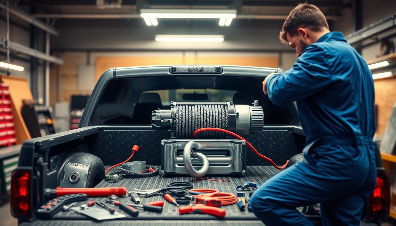 A well-lit workshop scene, showcasing a truck bed with a winch mounted in the center. In the foreground, a mechanic in a blue jumpsuit examines the winch, troubleshooting its operation. Gears, pulleys, and wiring are visible, hinting at the technical complexity of the task. In the middle ground, various tools and spare parts are neatly arranged on a workbench, suggesting a methodical approach to problem-solving. The background features high-quality lighting, casting warm shadows and highlighting the details of the winch assembly. The overall atmosphere conveys a sense of professionalism and expertise in resolving common winch installation issues.