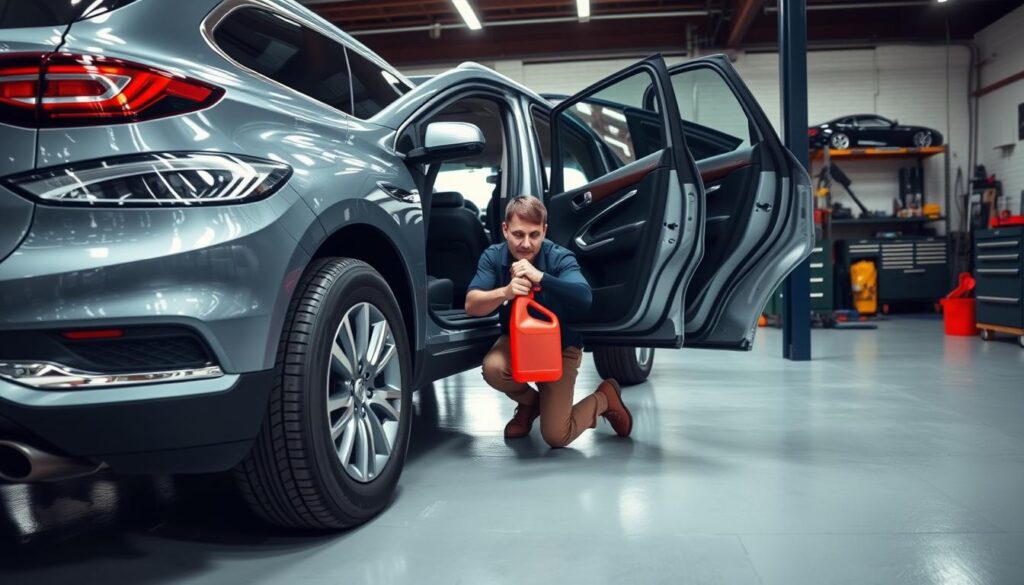 A well-lit workshop setting, with a gleaming Buick Enclave SUV parked in the foreground. In the center, a mechanic kneels beside the open driver's side door, holding a clear plastic bottle filled with vibrant red transmission fluid. The mechanic's hands carefully guide the fluid into the transmission's fill port, meticulously following the procedures outlined in the vehicle's service manual. The background is clean and organized, with tools and equipment neatly arranged, conveying a sense of professionalism and attention to detail. The overall atmosphere is one of precision, care, and the skilled maintenance of a high-quality automotive product.