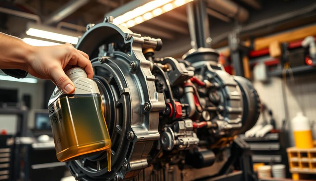 A well-maintained Nissan Murano transmission, its intricate components gleaming under the warm glow of a garage's overhead lights. In the foreground, a mechanic's hands carefully inspect the transmission fluid, checking its level and color. The middle ground reveals the transmission itself, its housing open to expose the inner workings - gears, seals, and valves, all working in harmony. The background shows the orderly tools and parts needed for a thorough transmission service, conveying a sense of expertise and attention to detail. The scene evokes a mood of diligence and care, reflecting the importance of proper fluid maintenance to extend the life of this critical Nissan Murano system.