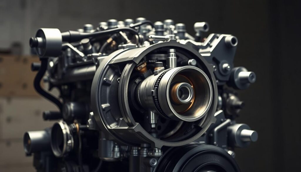 A well-maintained engine with a dead cylinder, viewed in a detailed cross-section. The cylinder wall and piston assembly are prominently displayed, showcasing the intricate mechanisms involved. The focus is on the cylinder head, where the spark plug, valves, and fuel injector are clearly visible. The lighting is harsh and technical, casting sharp shadows to highlight the engineering details. The background is a muted, industrial tone, emphasizing the mechanical nature of the subject. The overall mood conveys a sense of problem-solving and preventative maintenance, hinting at the challenges and solutions around cylinder failure.