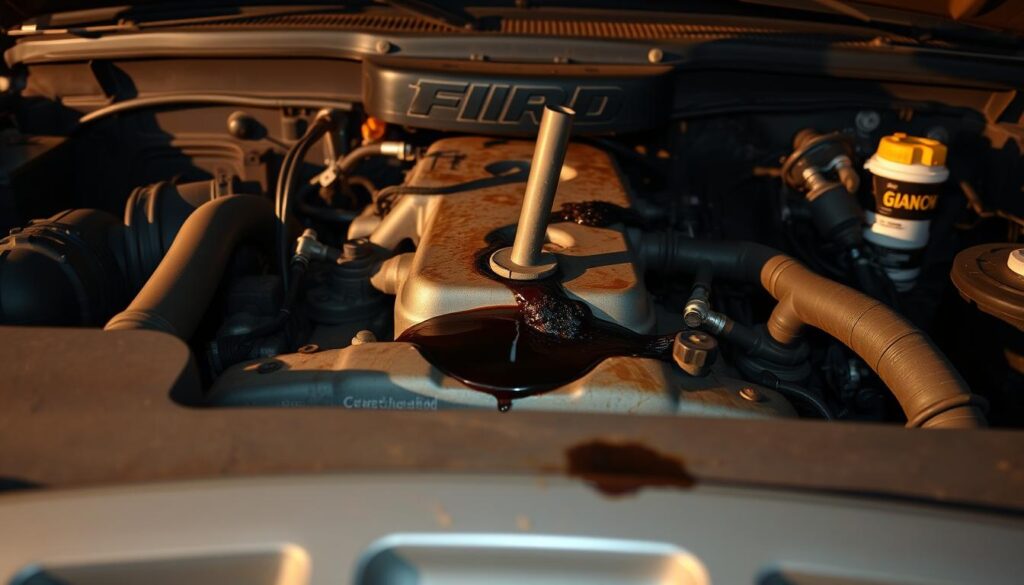 A well-used 2008 Ford F250 5.4 engine, with its hood propped open, revealing the oil reservoir and surrounding components. The dipstick sits partially withdrawn, indicating low oil levels. Dark sludge has accumulated on the engine block, hinting at the need for a thorough oil change. Dim, warm lighting casts long shadows, creating a sense of urgency. The scene is captured from a low, front-facing angle, emphasizing the engine's prominent position and the importance of maintaining its health.