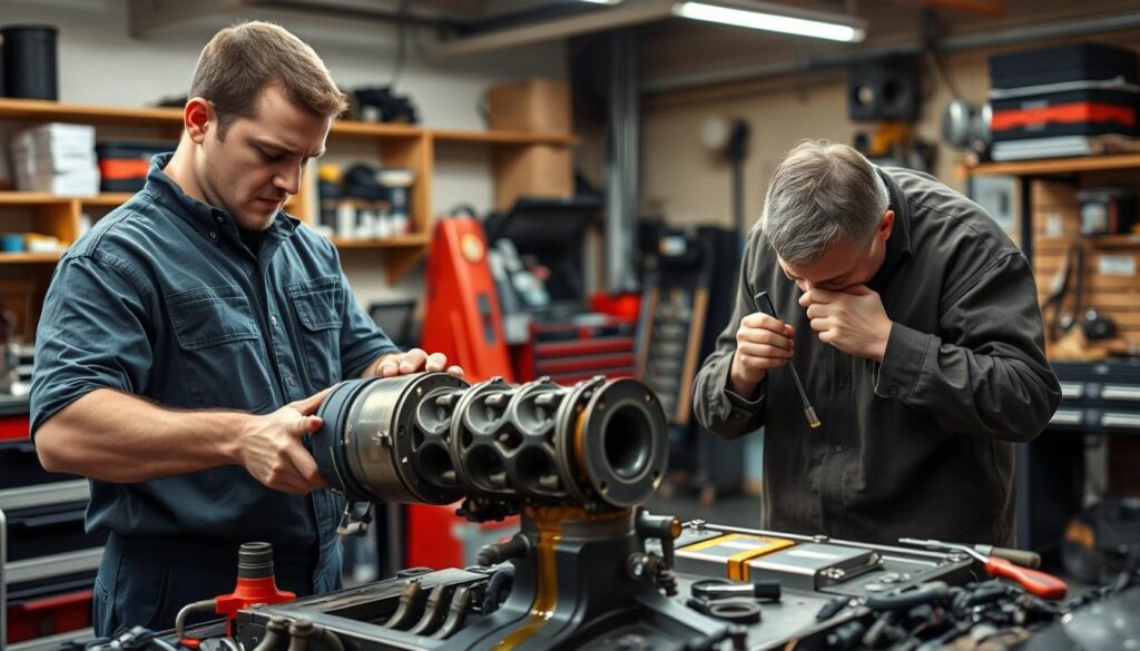 A workshop scene featuring a professional mechanic and a DIY enthusiast working on engine cylinder replacements. In the foreground, the mechanic uses specialized tools and equipment to carefully remove and install a new cylinder. Nearby, the DIY enthusiast struggles with basic hand tools, oil spills, and a look of frustration. The background shows a well-equipped auto repair shop with shelves of parts and tools, contrasting with the hobbyist's cluttered home garage. Bright task lighting illuminates the work, emphasizing the skill and precision required for professional-level cylinder replacement versus the challenges of a DIY approach.
