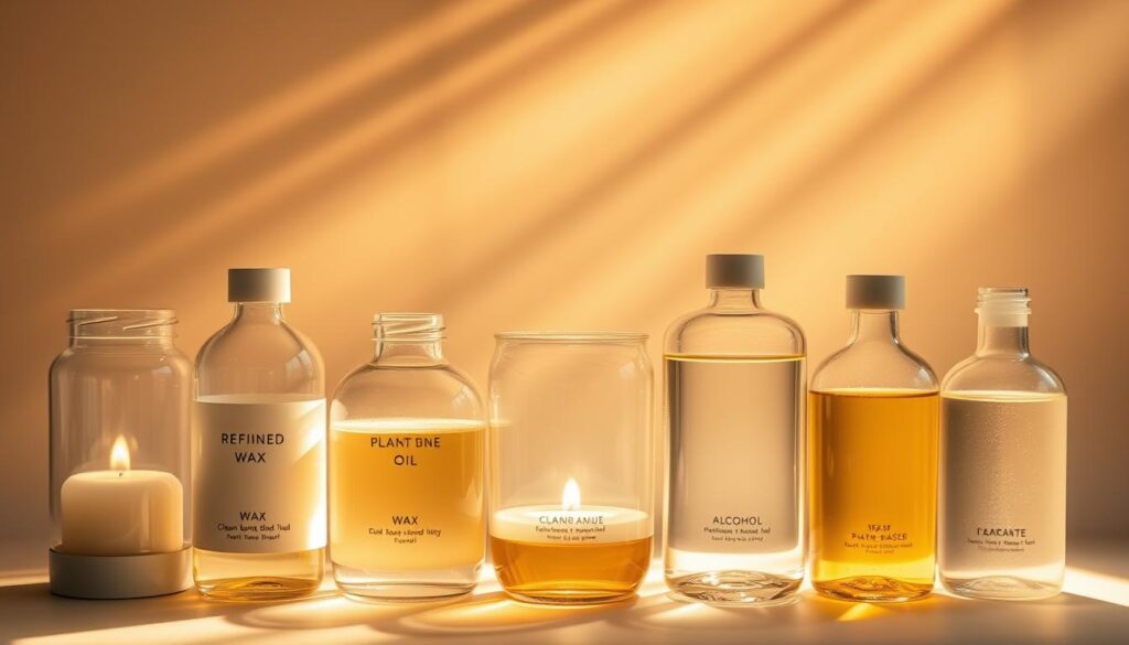An artfully lit close-up of clean-burning lamp fuels, including refined paraffin wax, plant-based oils, and alcohol-based solutions. Rays of warm golden light stream through the translucent glass containers, casting a soft, inviting glow. The various fuels are presented in a minimalist, high-contrast arrangement against a neutral backdrop, emphasizing their purity and efficiency. The composition and lighting aim to convey the clean, healthful nature of these alternative fuel options, suitable for use in traditional oil lamps to improve indoor air quality.