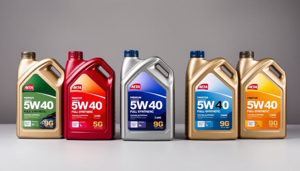 Comparative analysis of five premium 5W40 fully synthetic motor oils, displayed in a row against a muted background. The oils are presented in clear glass bottles, showcasing their distinct colors and viscosities. Bright studio lighting accentuates the sheen and transparency of the oils, creating a sense of quality and refinement. The bottles are arranged at an angle, allowing for a detailed side-by-side comparison. A minimalist, clean design with a focus on the products themselves, conveying a technical, informative tone suitable for an article on the best 5W40 synthetic oils.